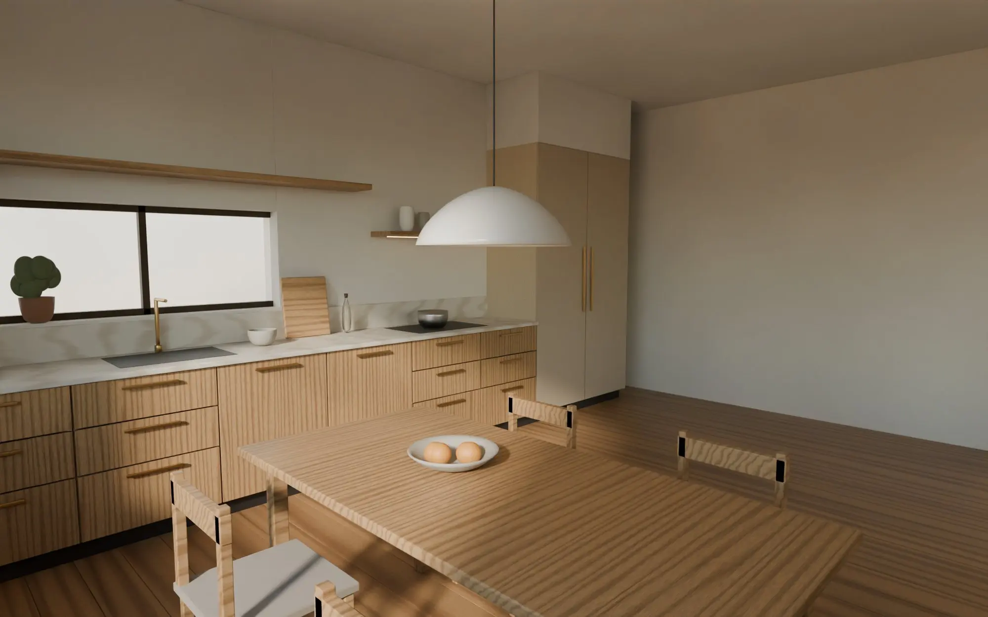 Concept render of the finished kitchen, matching the design view
