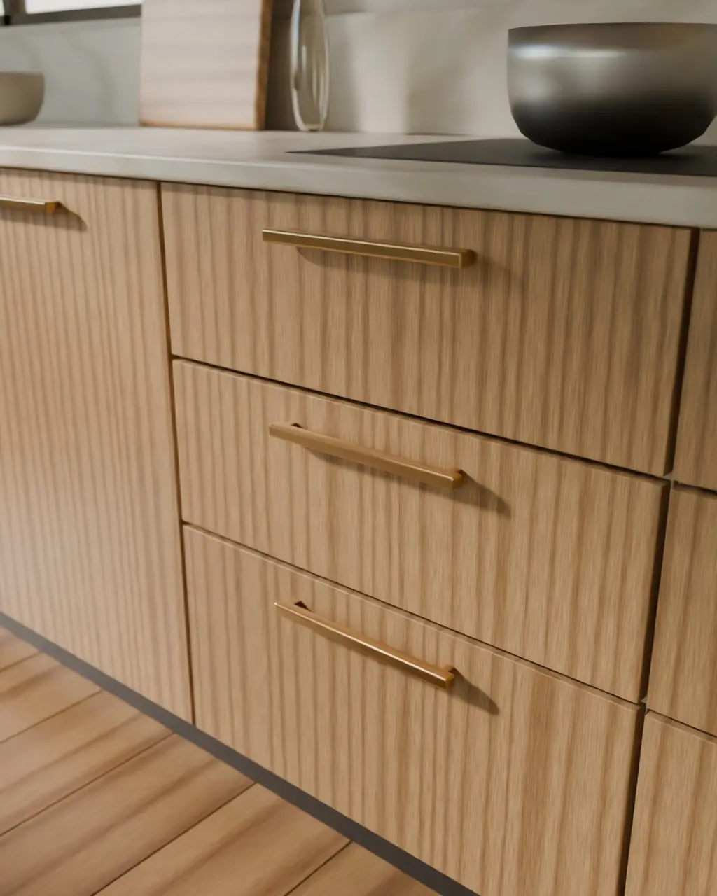 Concept render: deep oak-veneer drawers with slim brass pulls