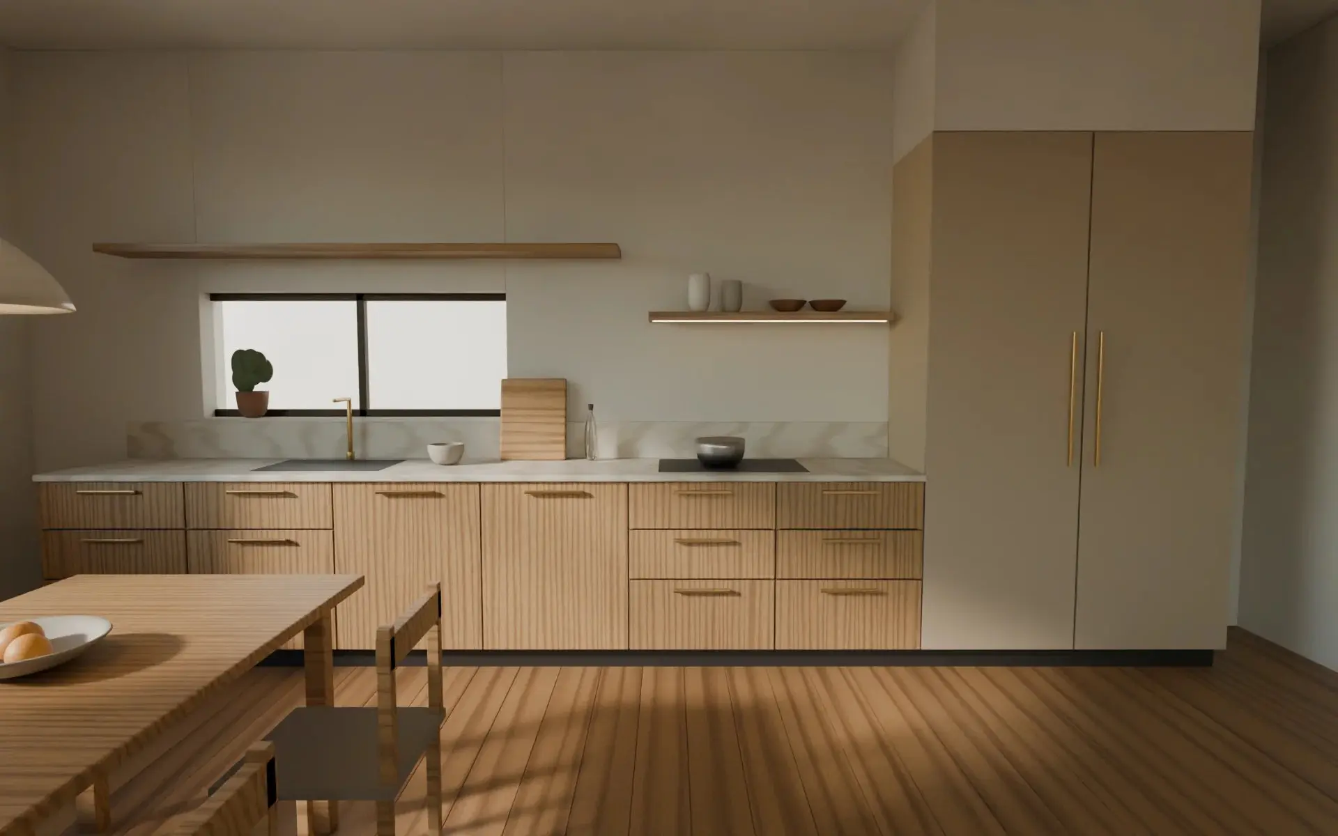 Concept render of the kitchen run: oak-veneer drawers, a pale stone worktop, an oak shelf and tall storage
