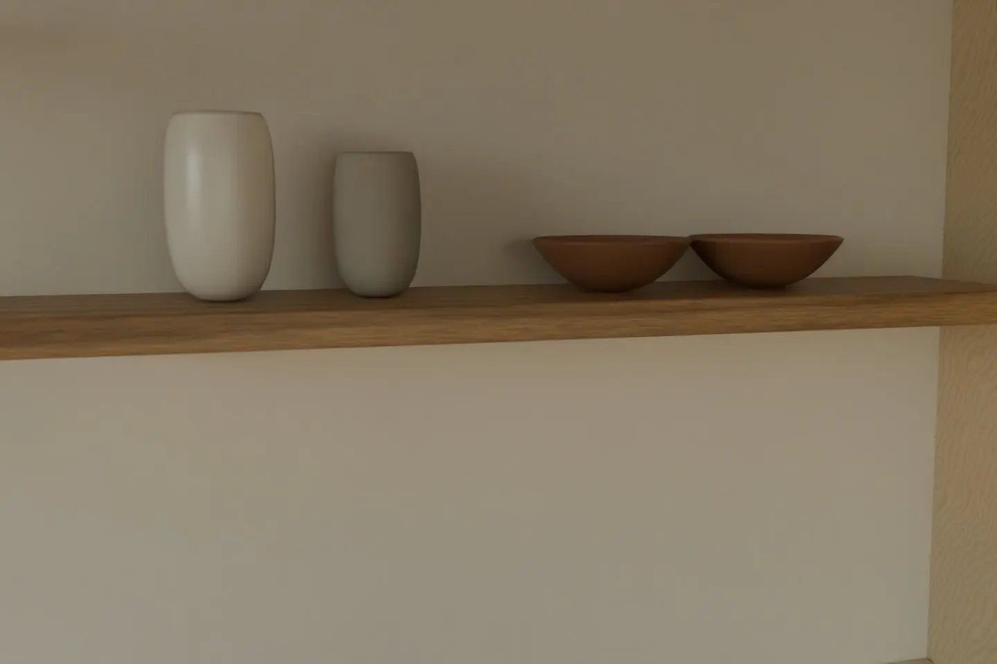 Concept render of an oiled oak shelf with stoneware vases and bowls