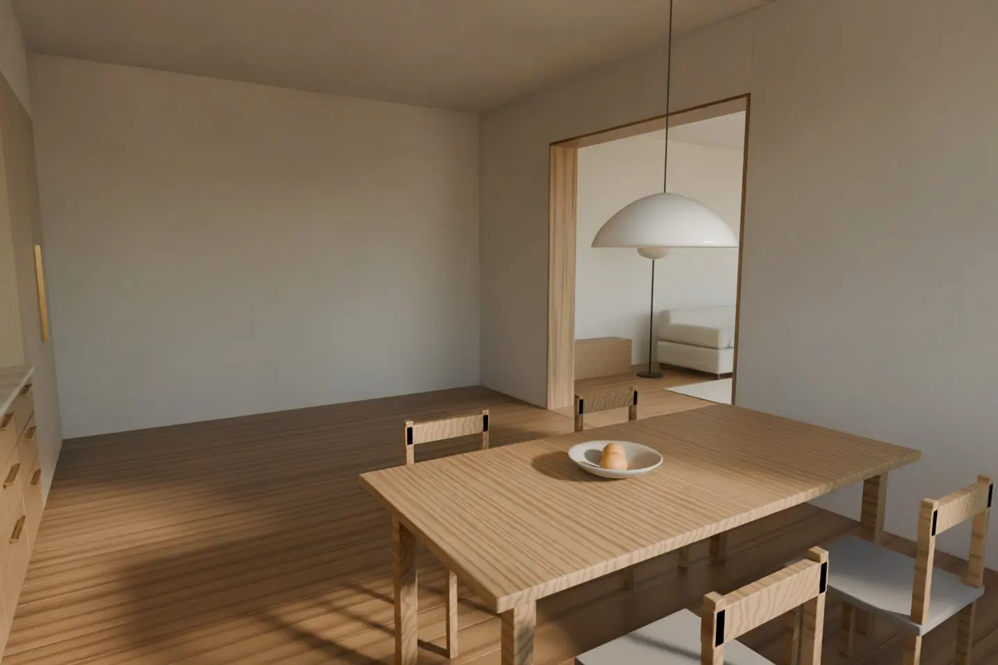 Concept render of the dining table, looking back through the opening to the living room
