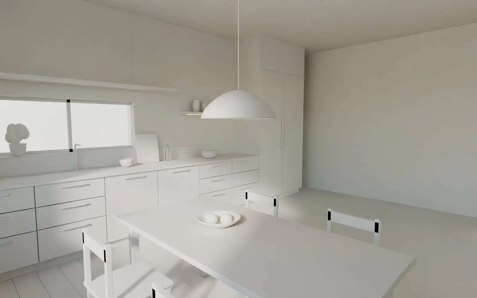 3D design view of the kitchen seen past the dining table: the same viewpoint, every surface in one pale tone