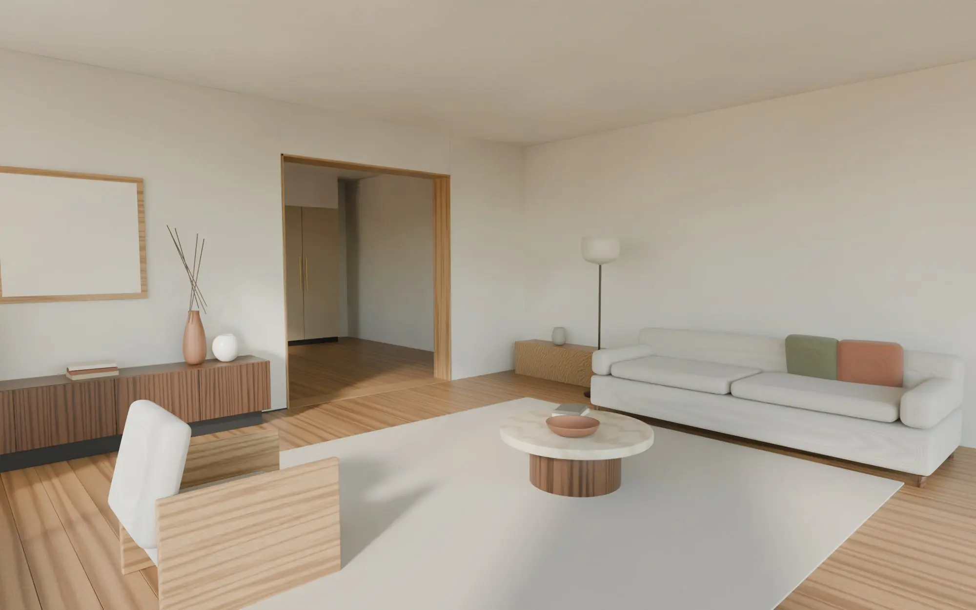 Concept render of the finished living room, matching the design view