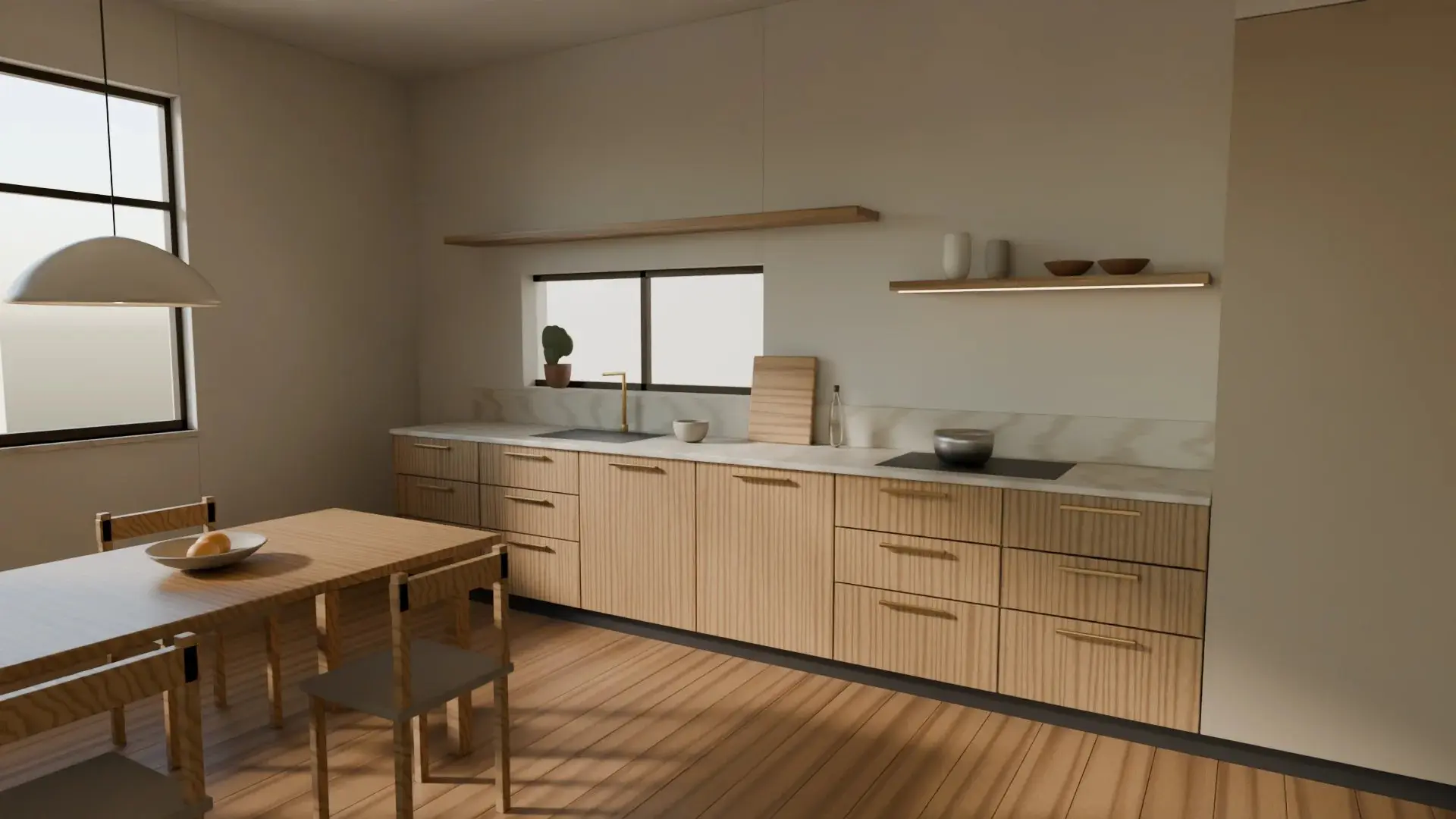 Concept render of the kitchen and dining table in daylight