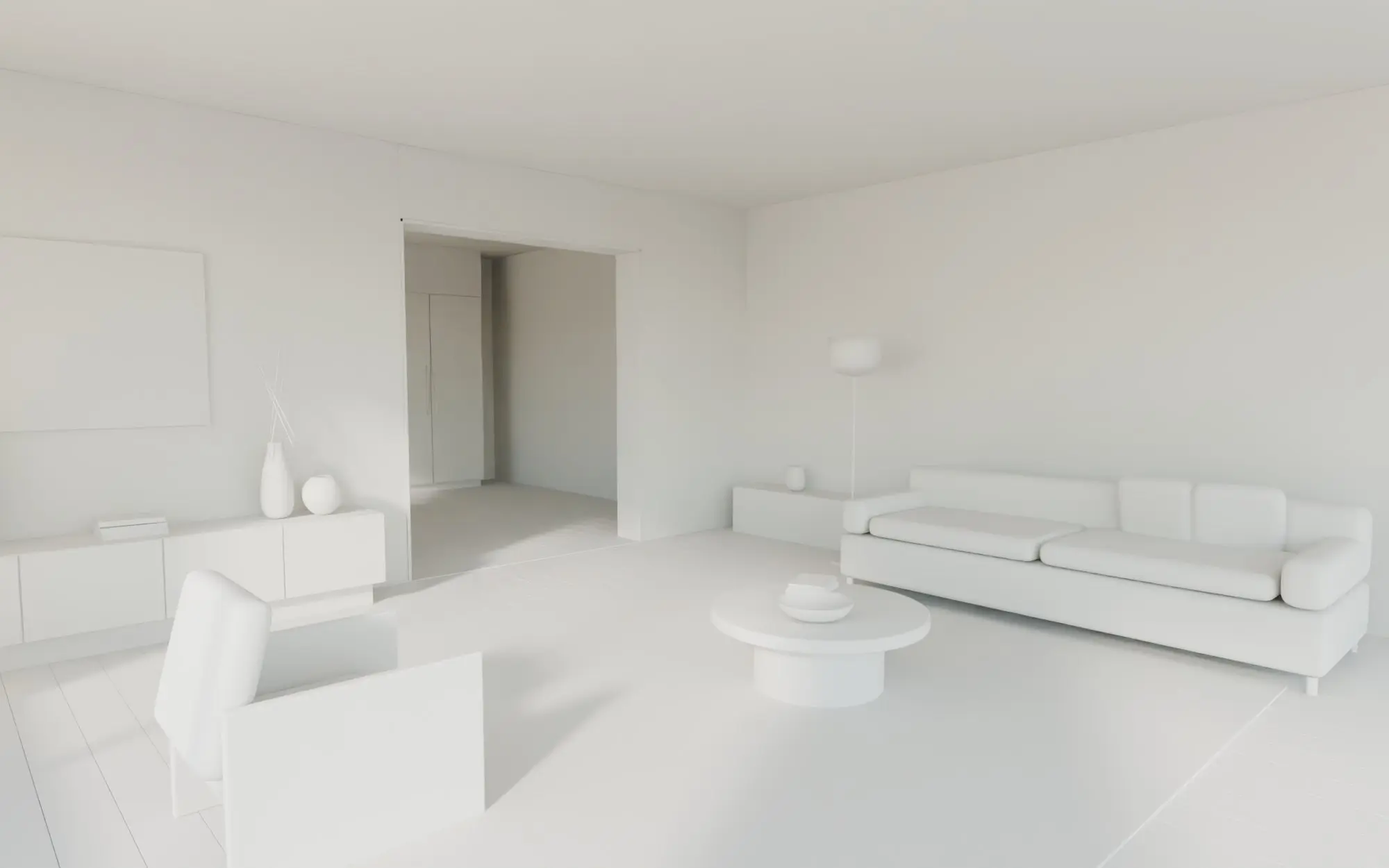 3D design view of the living room from the entrance: the same viewpoint, every surface in one pale tone