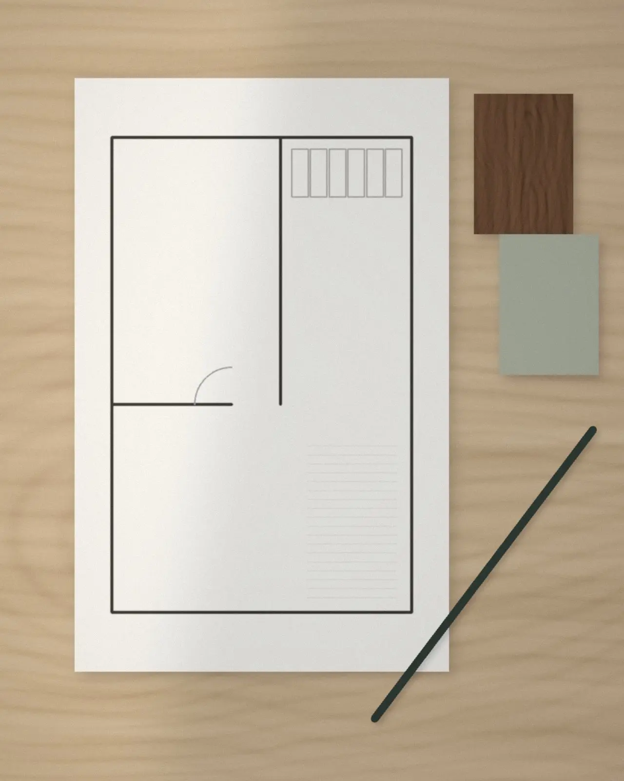 Placeholder image: a floor plan on a studio table, where a team portrait will go