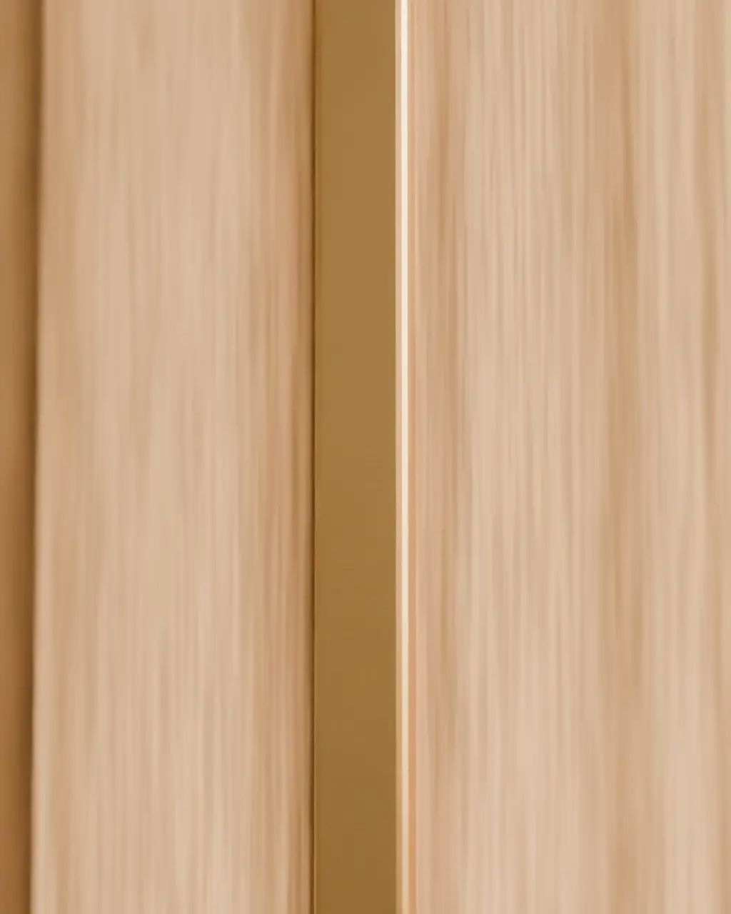 Concept render: slim brass pulls set into oak-veneer doors, the grain running through