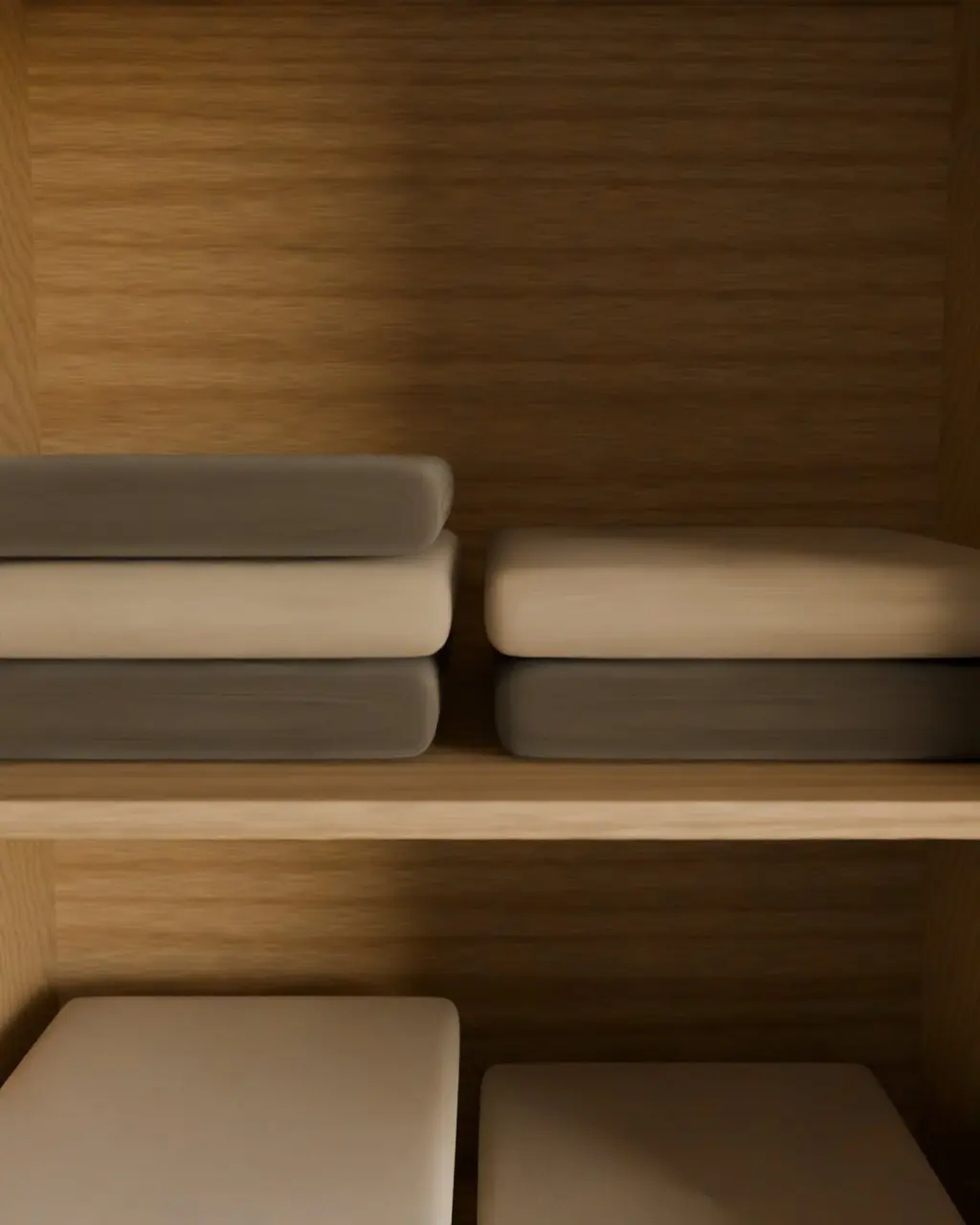Concept render of the wardrobe interior: oak shelves with folded clothes, spaced to the height of a stack