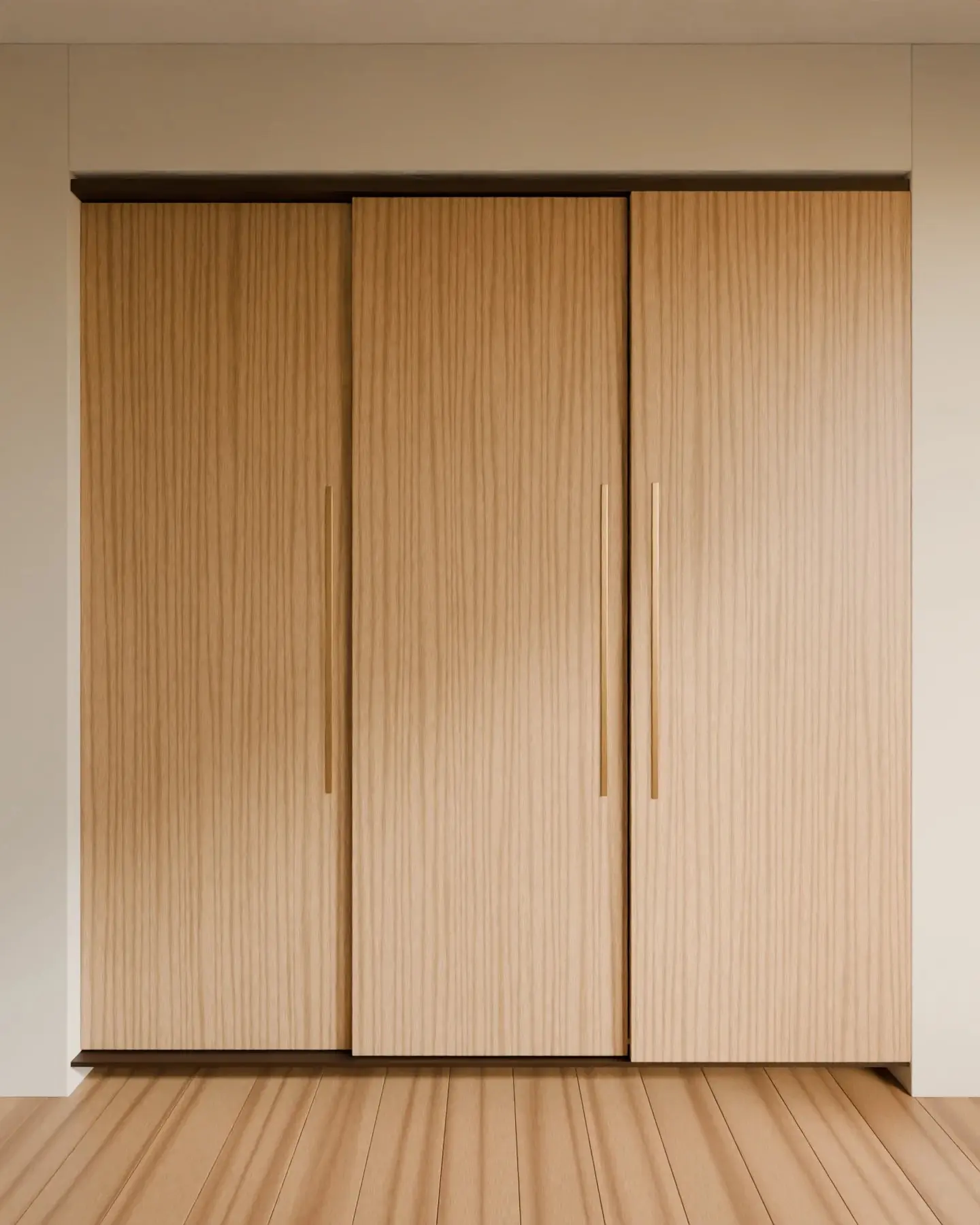 Concept render of the closed three-door oak wardrobe set into the bedroom wall