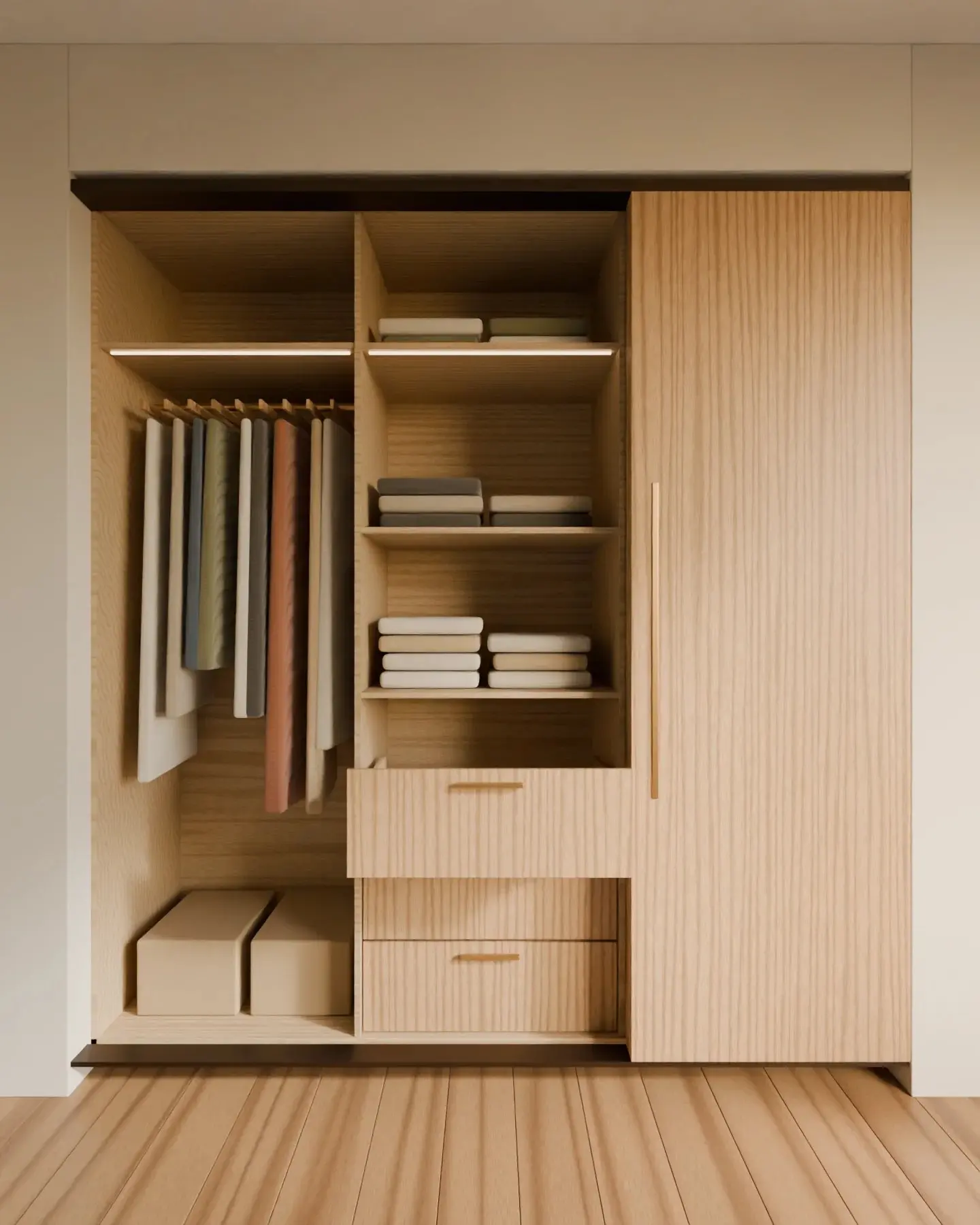 Concept render of the same wardrobe opened: hanging, folded shelves and a drawer stack, lit from above