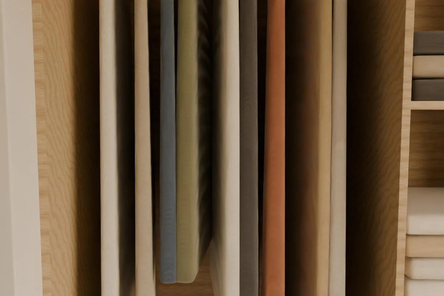 Concept render of the long-hanging section with garments in muted colours