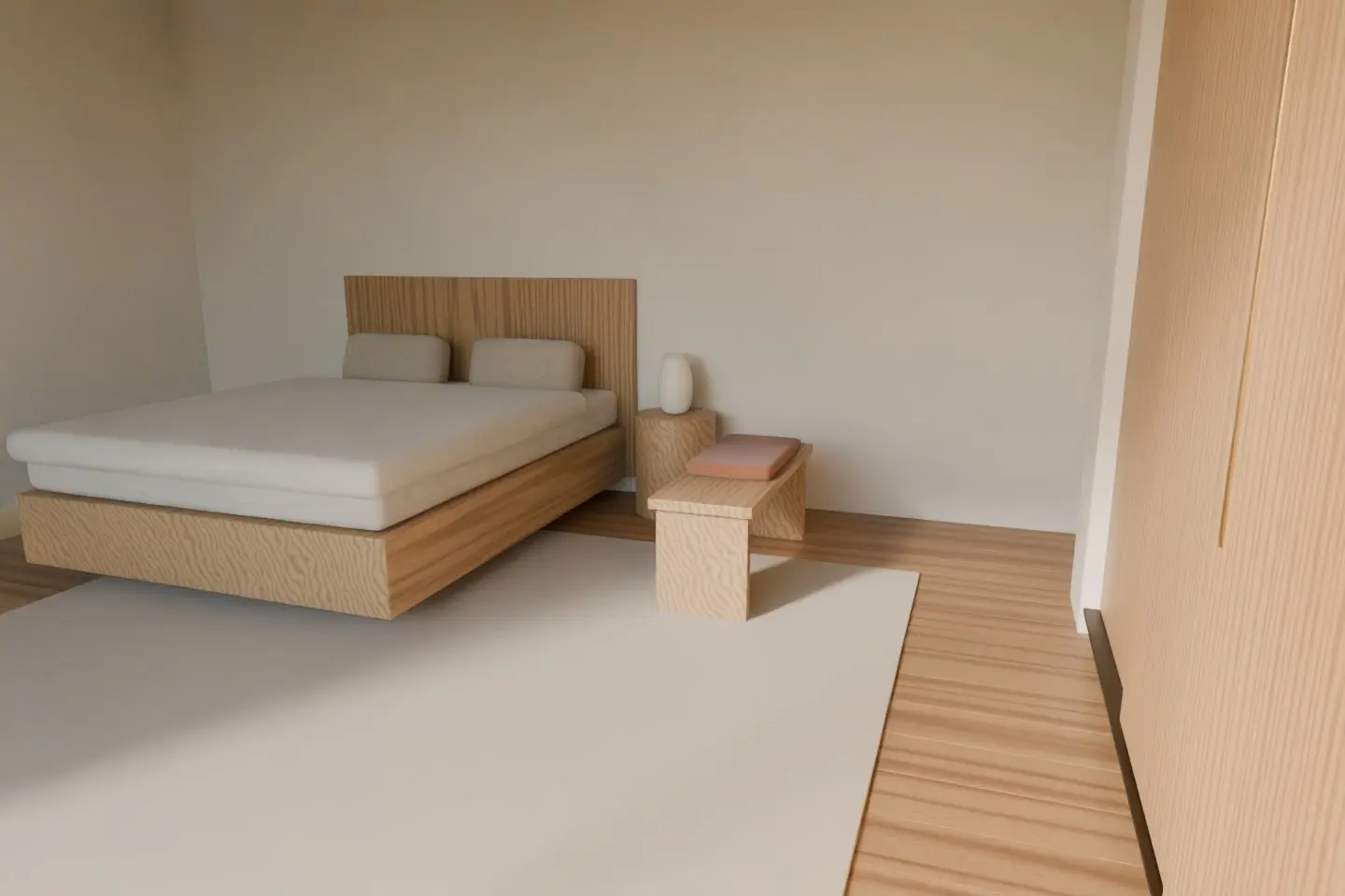 Concept render of the bedroom with an oak bed, a low bench and the wardrobe edge in the foreground