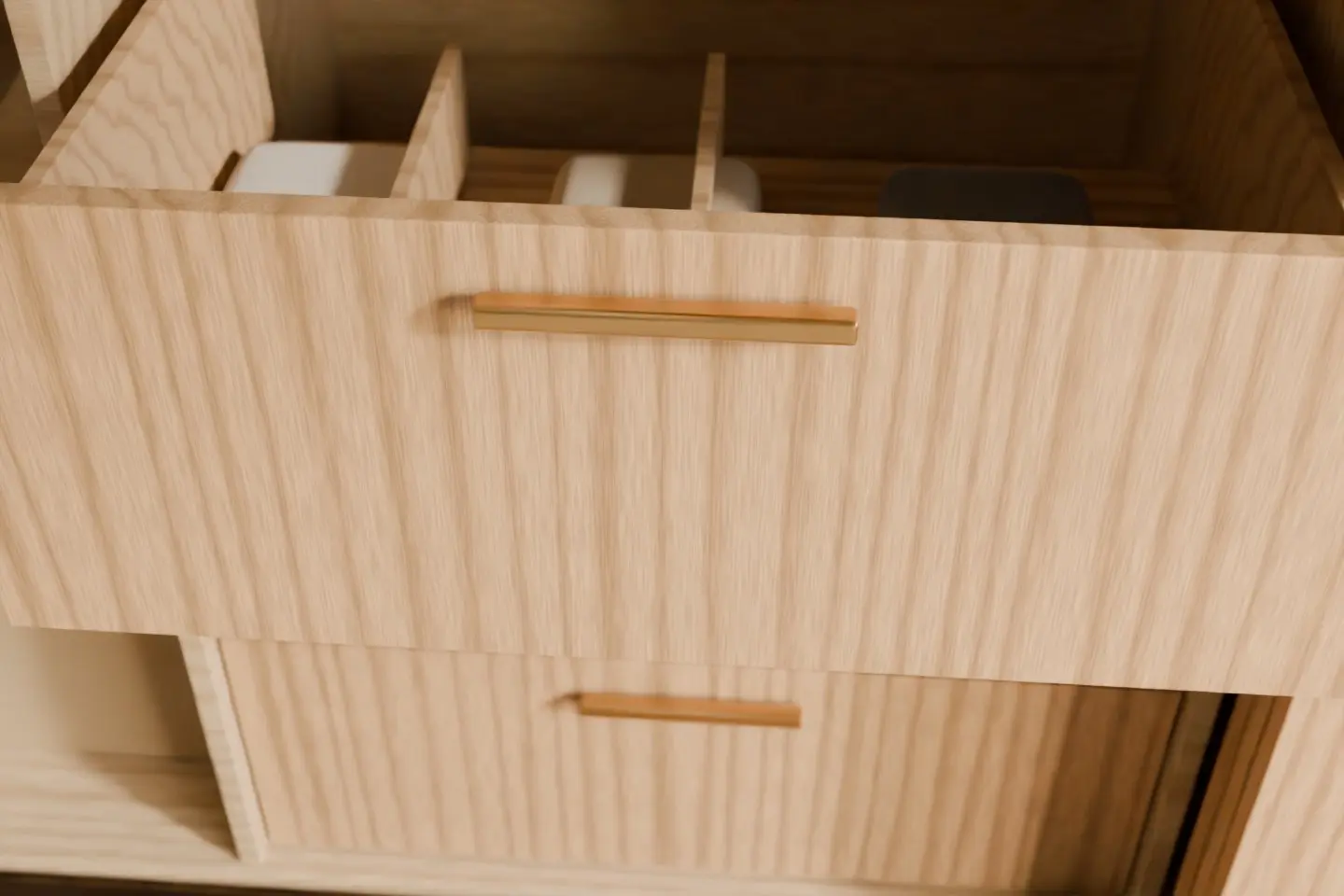 Concept render of an open oak drawer with dividers