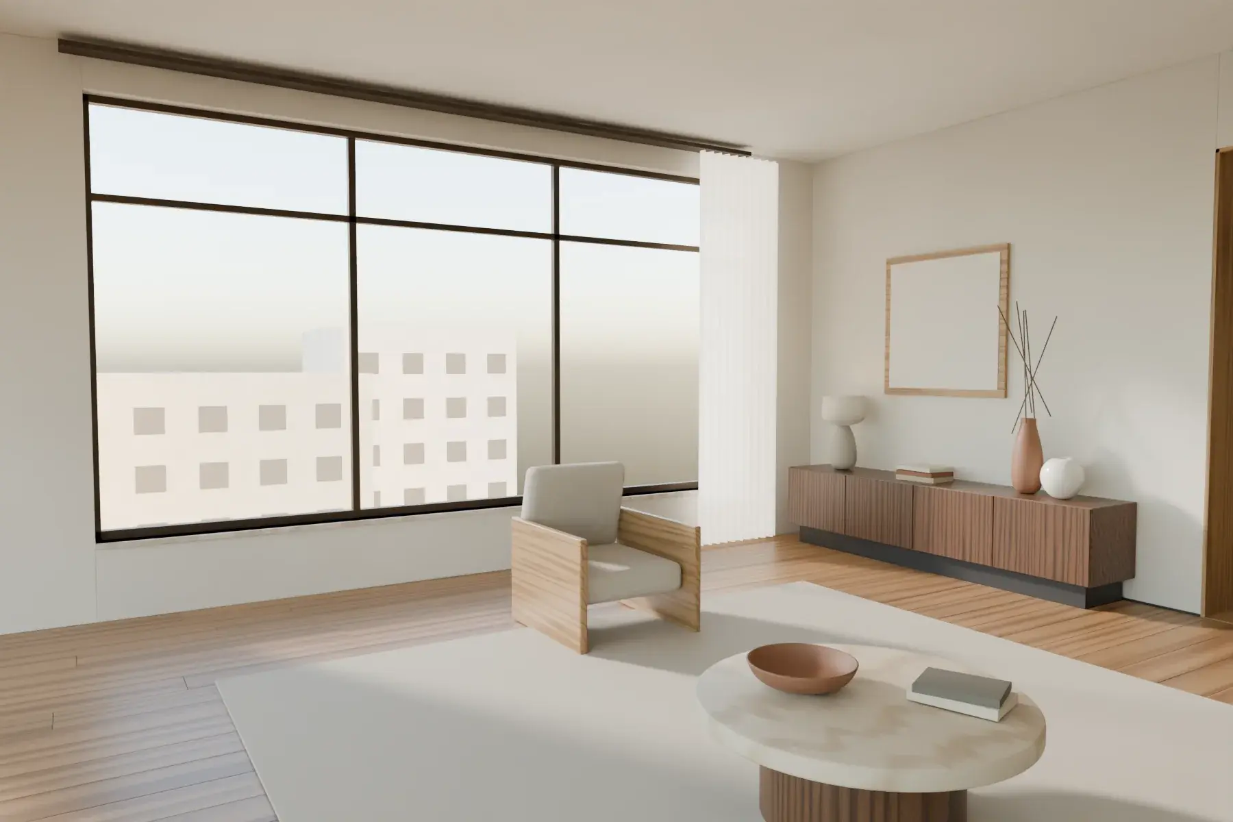 The same living room finished: oak floor, linen chair, walnut sideboard and a travertine table