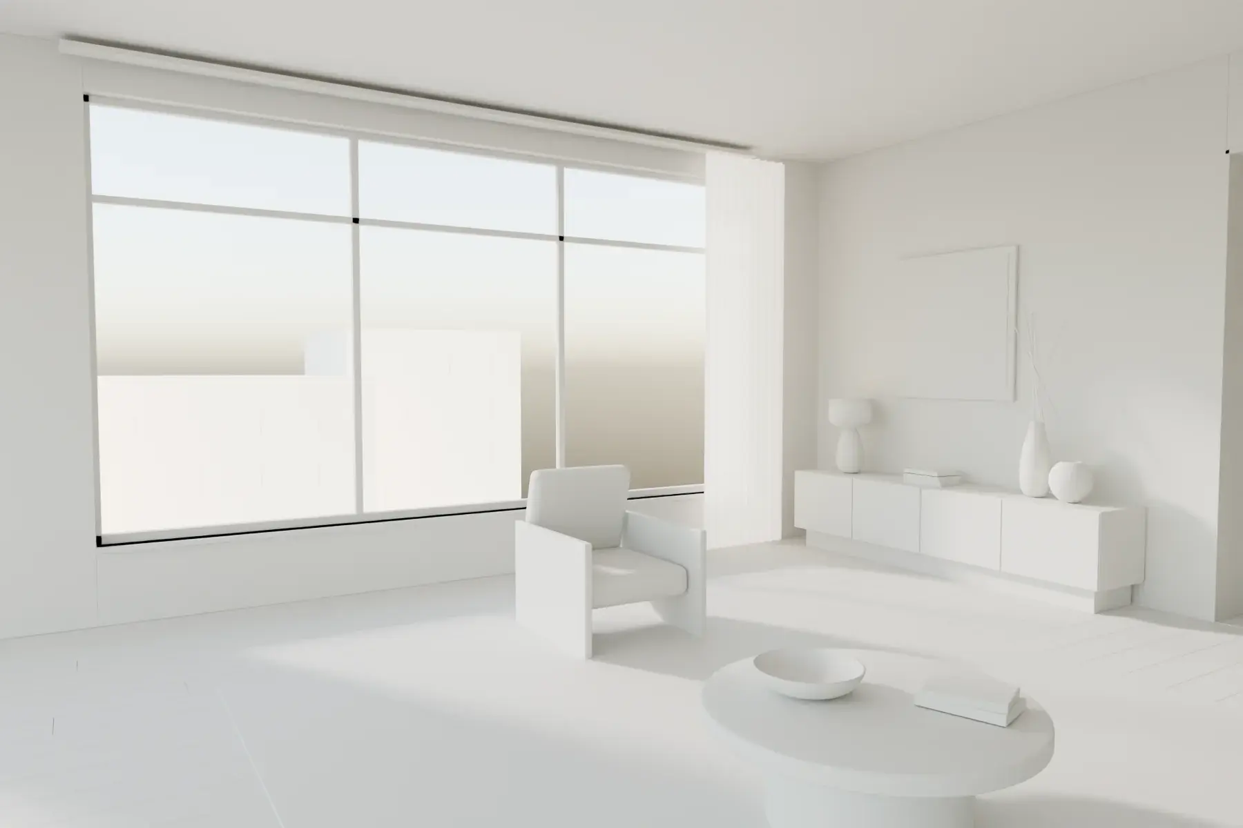 The same living room as an untextured 3D model: every surface in one pale tone, daylight from the window