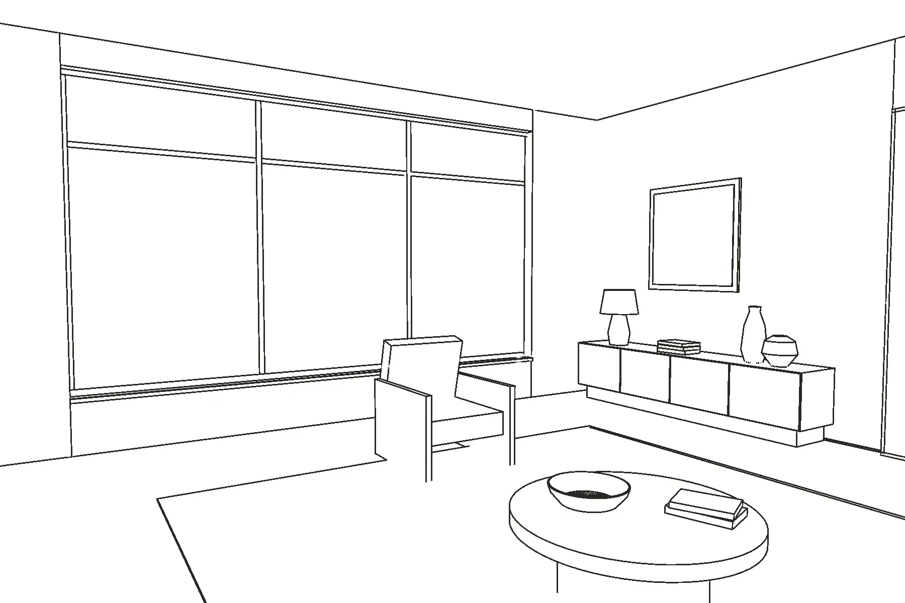 Line drawing of the living room: window wall, lounge chair, sideboard and round table