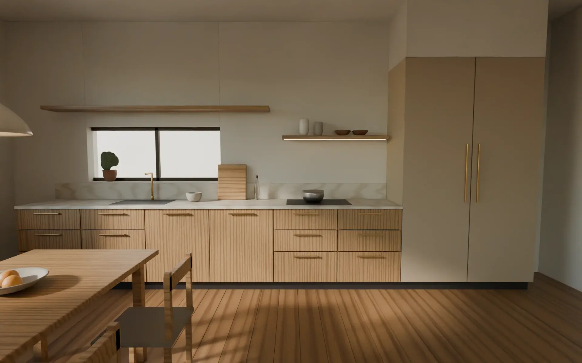 A kitchen run in oak veneer with a limestone worktop, an open shelf and tall clay-coloured storage