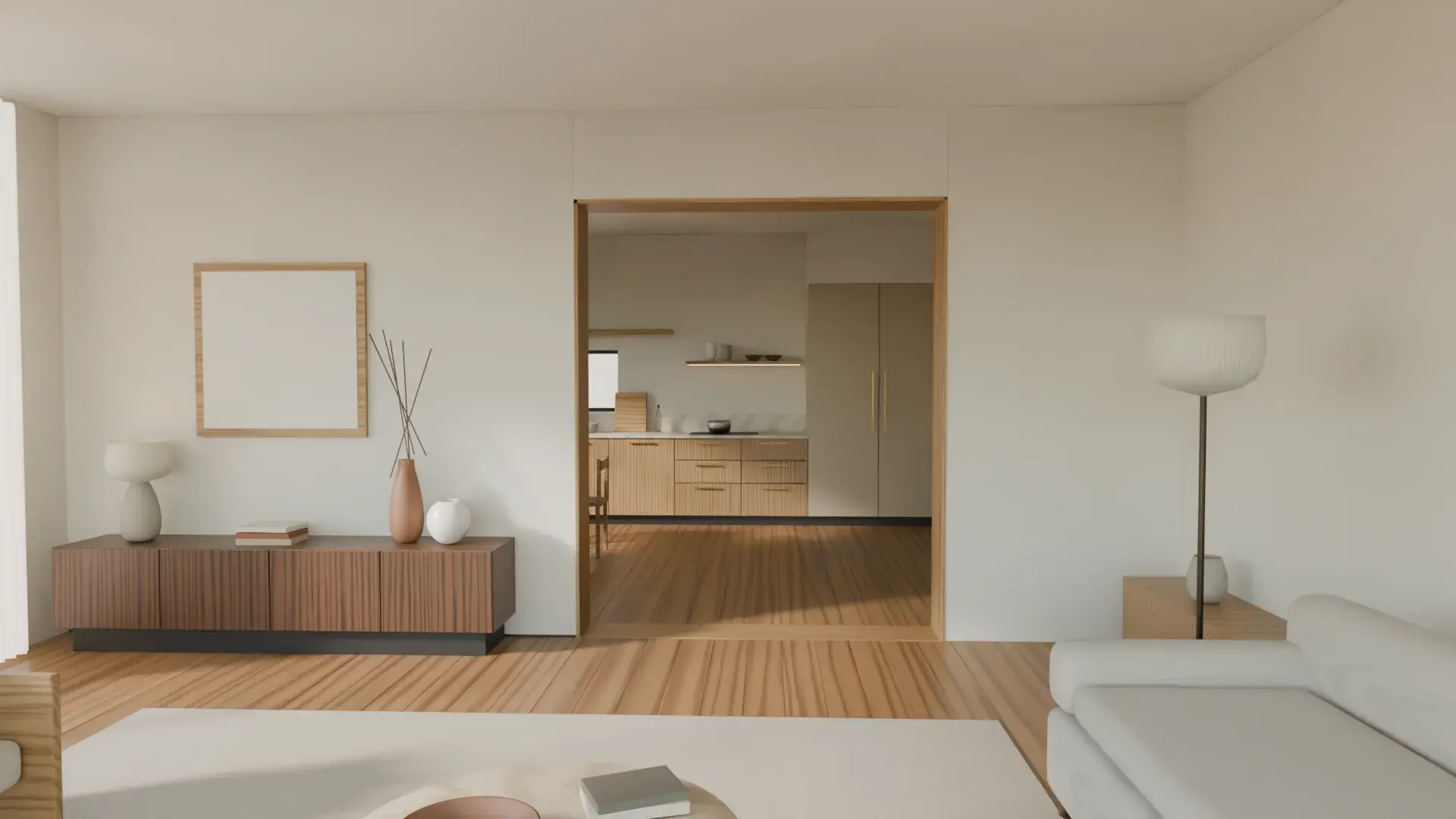 The living room with a walnut sideboard, linen sofa and an oak-lined opening beyond
