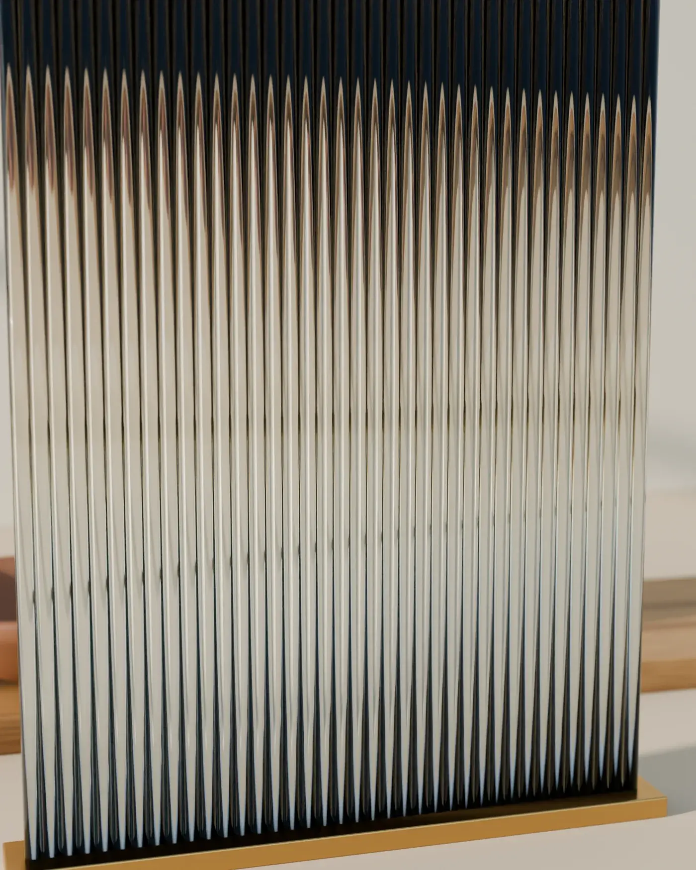 A fluted glass panel softening the shapes of a vase and oak shelf behind it