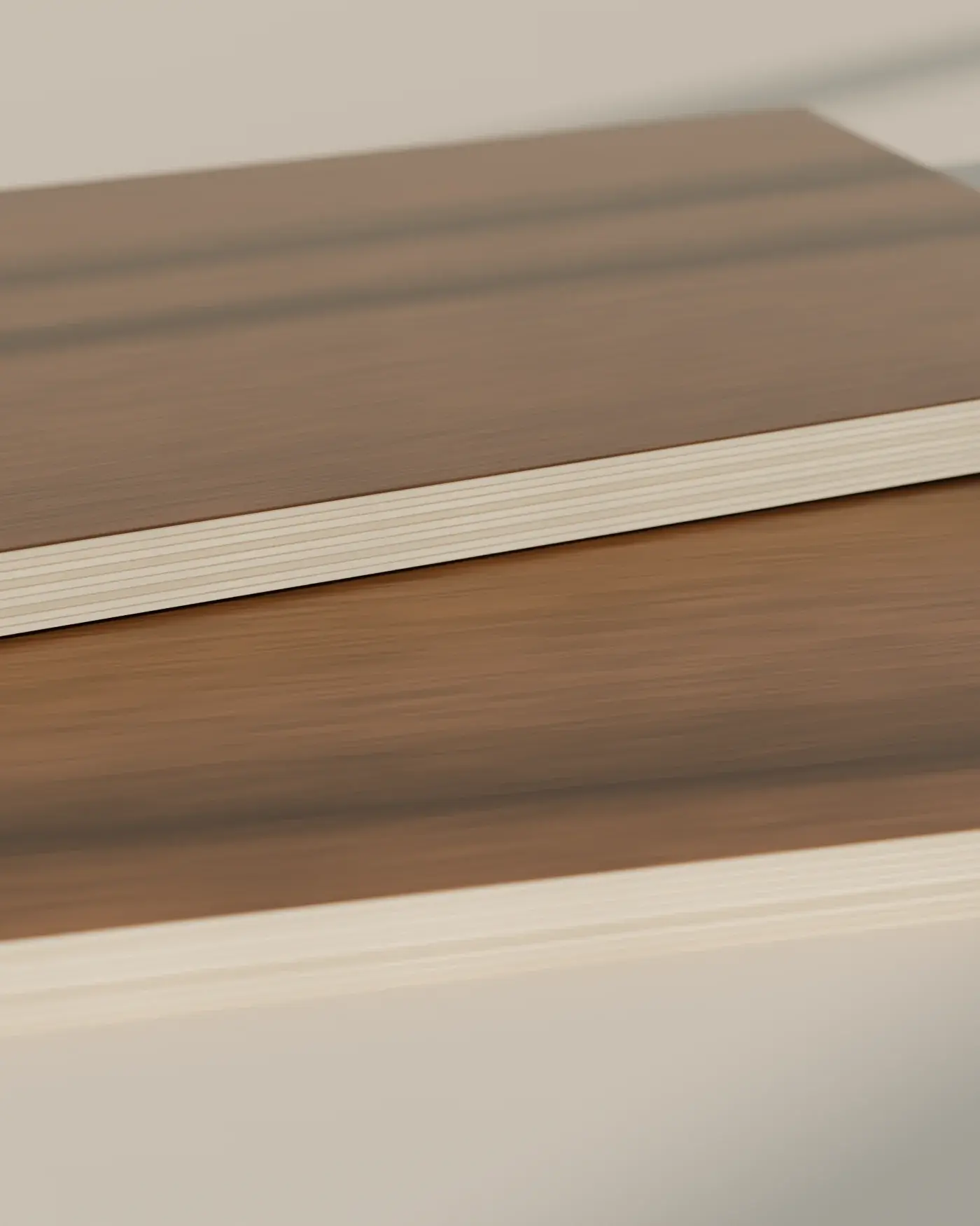 Walnut-faced panels with the layered plywood core visible at the edge
