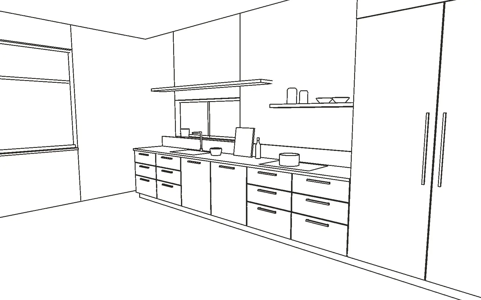 Line drawing of the kitchen run and tall storage