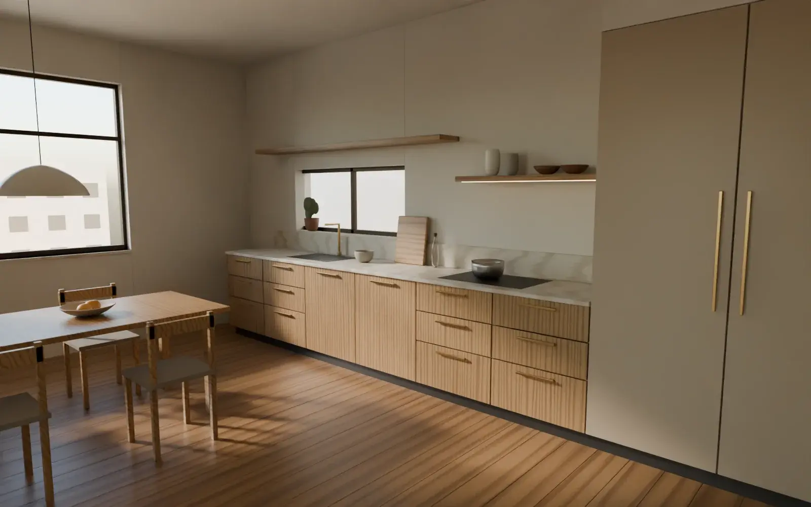 The finished kitchen with oak fronts, limestone worktop and dining table