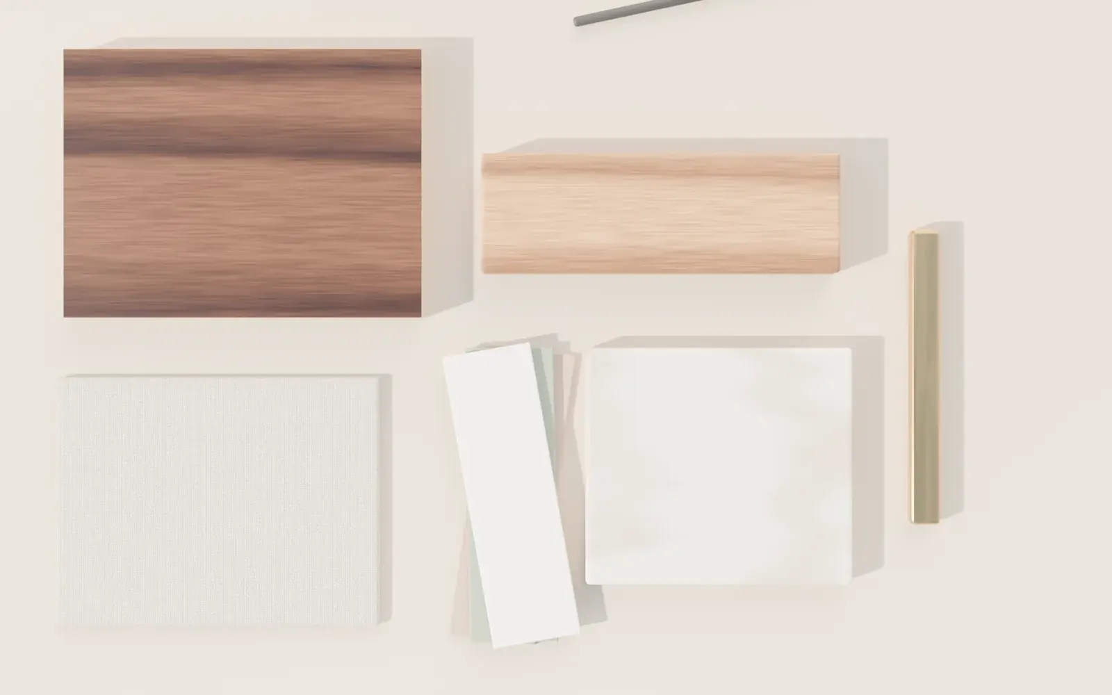 Material samples laid out: walnut-faced plywood, oak, limestone, linen, lacquer chips and a brass pull