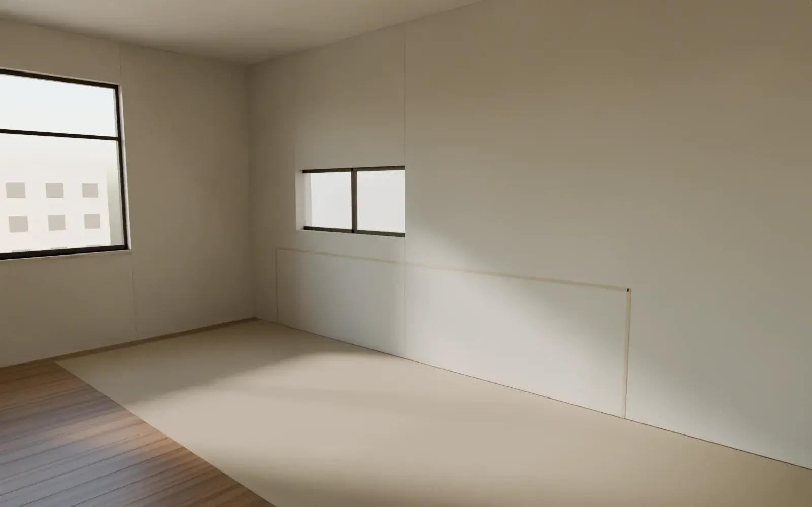An empty room with the kitchen's outline taped on the wall and paper protecting the floor